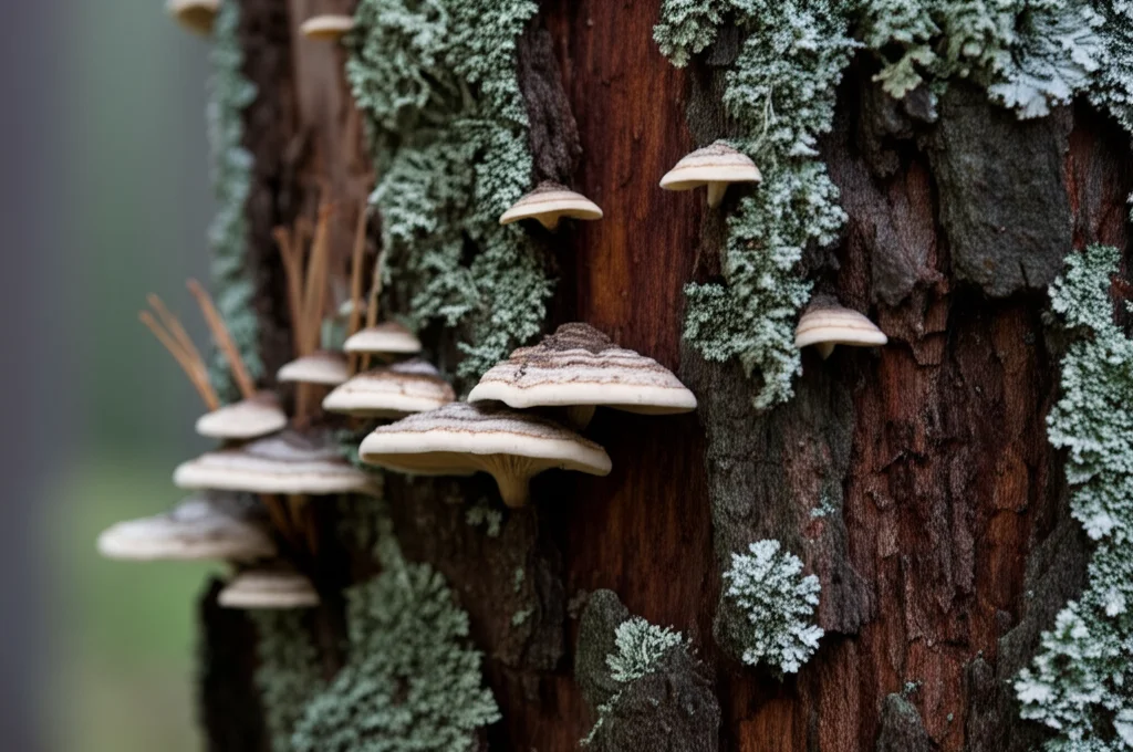 Macro fotografia di un tronco di pino morto nella foresta boreale, 100mm Macro lens, con muschio e piccoli funghi che crescono sulla corteccia, luce soffusa filtrata dagli alberi, alta definizione, messa a fuoco precisa.