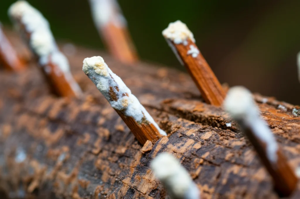 Primo piano di tasselli di legno inoculati con micelio fungino inseriti in fori praticati su un tronco di pino caduto, macro lens 80mm, dettagli del micelio bianco e della texture del legno, illuminazione controllata.