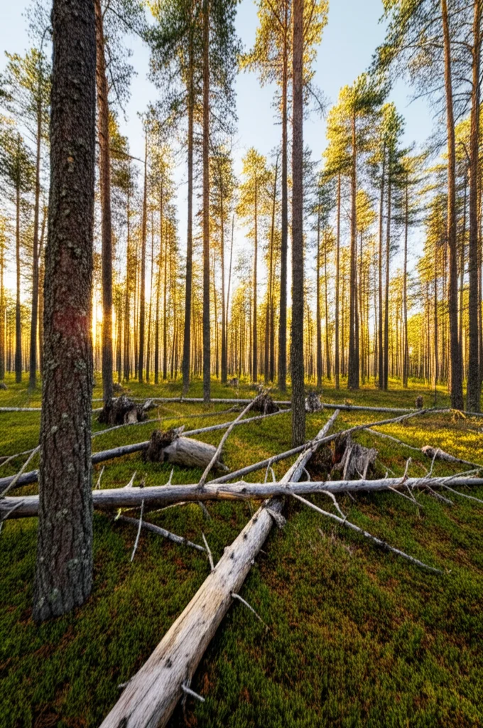 Fotografia grandangolare di una foresta boreale di pini con abbondante legno morto a terra in vari stadi di decomposizione, wide-angle 15mm, luce dorata del tardo pomeriggio, messa a fuoco nitida sull'intero paesaggio, sensazione di ecosistema complesso.