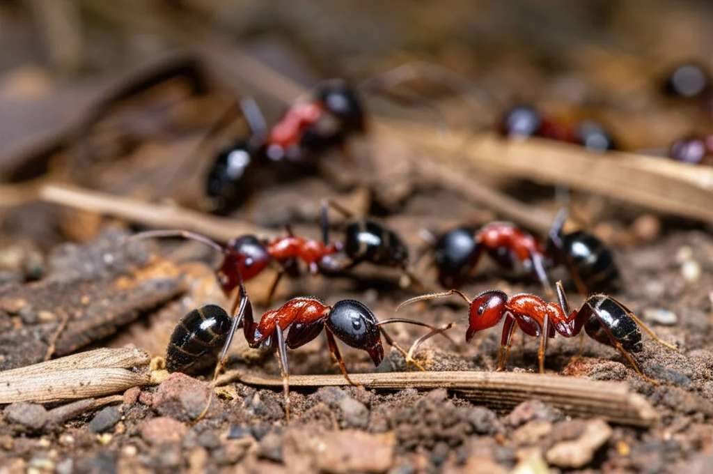 Macro fotografia, 90mm lens, di diverse specie di formiche australiane che interagiscono sul suolo della foresta, alcune grandi e dominanti, altre più piccole, che illustrano la ridondanza e la complementarità funzionale. Alta definizione, messa a fuoco precisa, illuminazione naturale controllata.