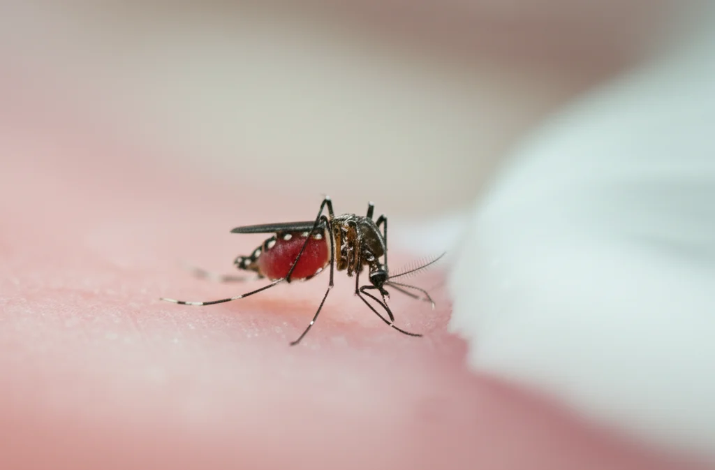 Fotografia macro di una zanzara Anopheles che tenta di nutrirsi attraverso una membrana artificiale trattata con olio di cocco in un sistema Hemotek, illuminazione controllata, messa a fuoco precisa sui dettagli della zanzara e della membrana, obiettivo macro 100mm.