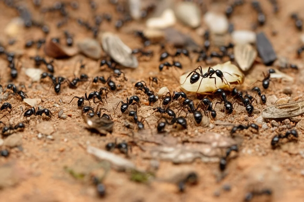 Immagine fotorealistica, obiettivo macro 100mm, che mostra una comunità più ricca di varie specie di formiche (diverse dimensioni, colori) che foraggiano attivamente insieme su semi e resti di insetti sul terreno. Alta definizione, messa a fuoco precisa, a simboleggiare l'aumento della multifunzionalità dopo la rimozione delle specie dominanti.