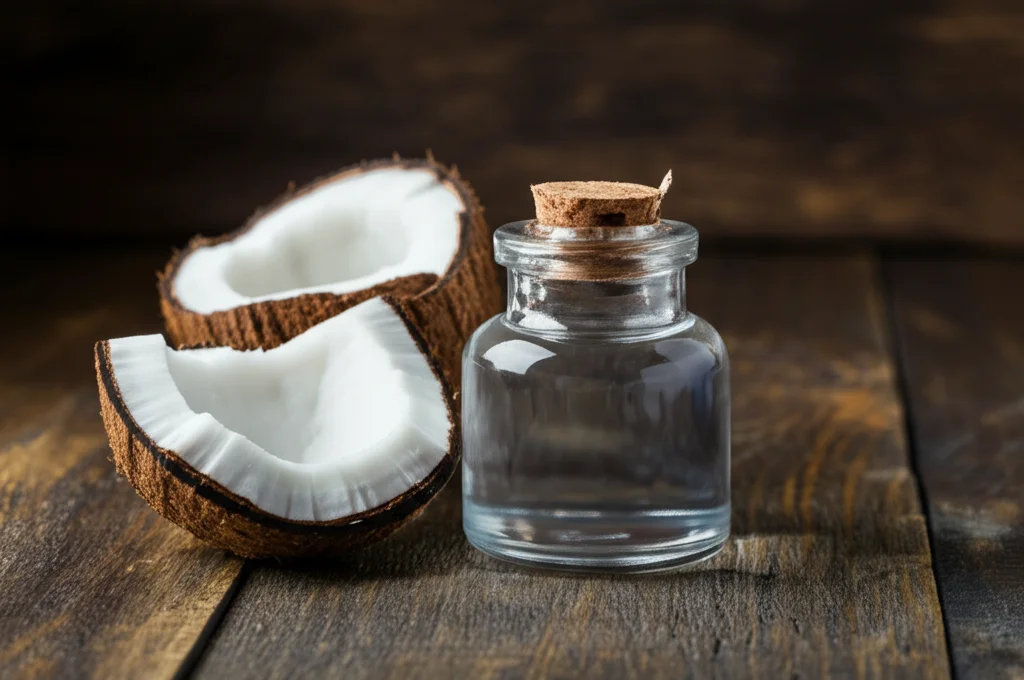 Fotografia still life di un barattolo aperto di olio di cocco vergine accanto a una noce di cocco spaccata su una superficie di legno rustico, illuminazione laterale morbida per evidenziare la texture dell'olio, obiettivo macro 60mm, alta definizione.