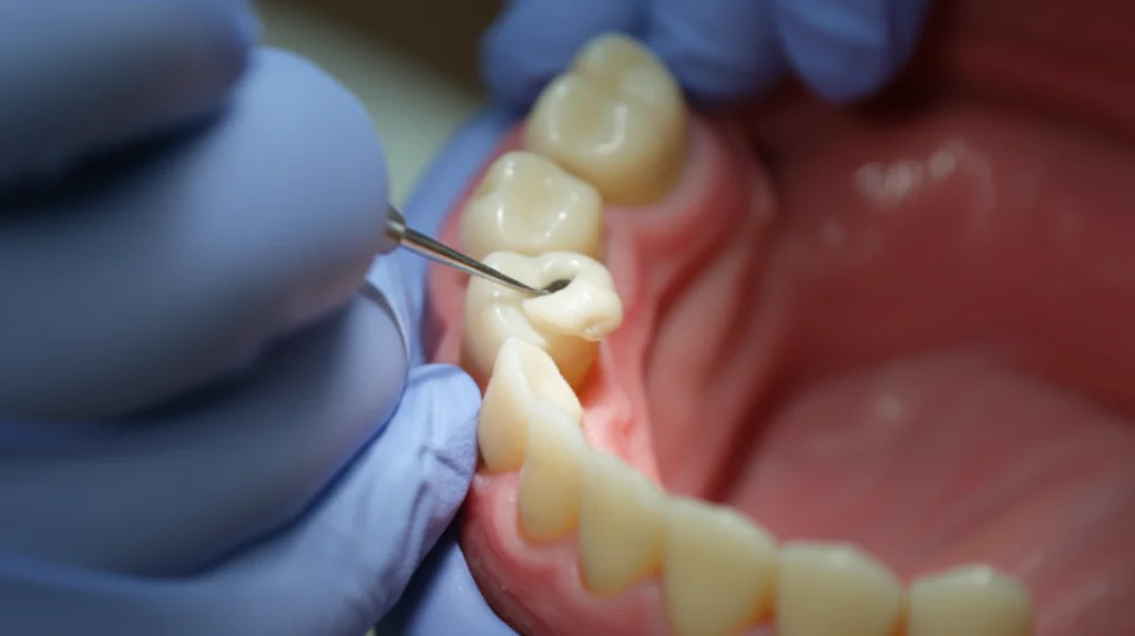 Un dentista applicano con cura il cemento policarbossilato su una corona dentale prima del posizionamento. Lence Prime, 35 mm, profondità di campo, concentrarsi sull'applicazione del cemento, illuminazione della clinica naturale.