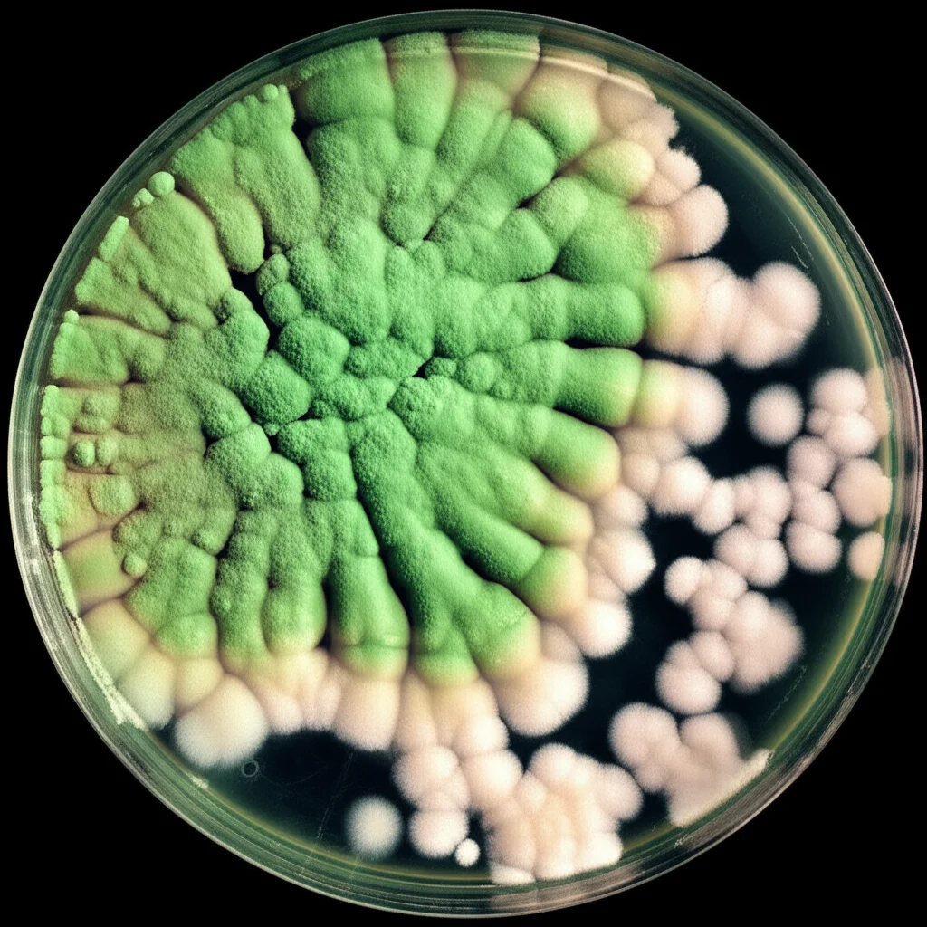 Macro foto, 90mm lens, del fungo Trichoderma asperellum (verde) che cresce aggressivamente e sovrasta le colonie del fungo Fusarium oxysporum (bianco-rosato) in una piastra di Petri da laboratorio, alta definizione, messa a fuoco precisa, illuminazione controllata da laboratorio.