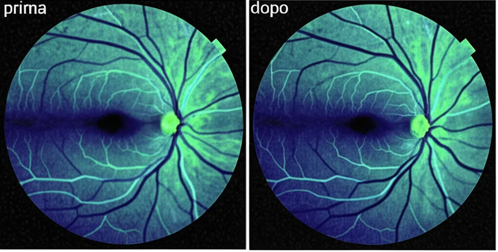 Visualizzazione astratta di due scansioni OCT della macula affiancate, una prima e una dopo il trattamento anti-VEGF. La scansione 'dopo' mostra una significativa riduzione del fluido sottoretinico e dello spessore maculare. Colori blu e verde duotone per differenziare, profondità di campo per focalizzare sull'area centrale, 35mm.