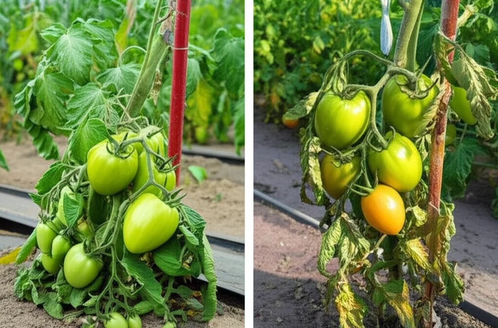 Immagine comparativa fotorealistica: a sinistra, una pianta di pomodoro sana e rigogliosa in un campo, foglie verdi brillanti, frutti in crescita; a destra, una pianta di pomodoro della stessa età nello stesso campo, ma visibilmente appassita e ingiallita a causa della fusariosi. Obiettivo prime, 35mm, luce naturale, profondità di campo che evidenzia il contrasto tra salute e malattia.