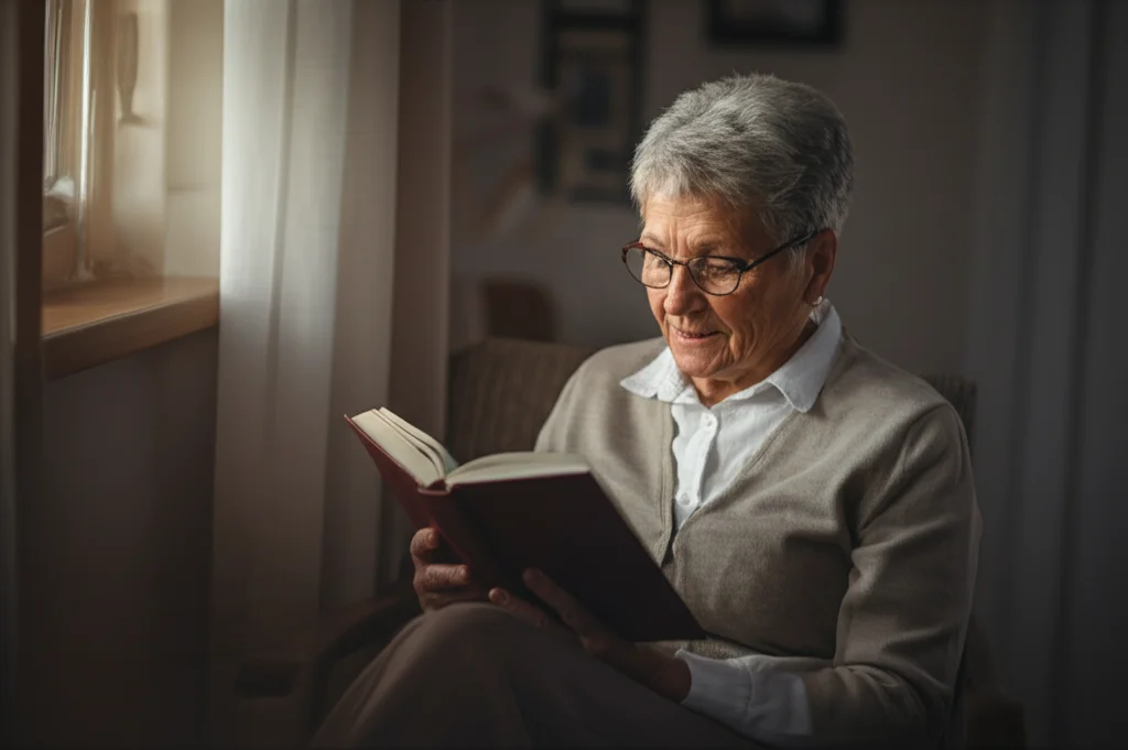 Ritratto di una persona anziana sorridente che legge un libro con occhiali, luce naturale morbida proveniente da una finestra, profondità di campo che sfoca leggermente lo sfondo della stanza, lente prime 50mm, stile fotorealistico caldo.