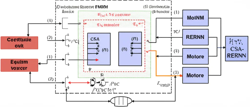 Diagramma schematico del sistema di controllo ibrido CSA-RERNN applicato a un motore elettrico PMSM, visualizzazione high-tech con flussi di dati tra i blocchi funzionali (CSA, RERNN, Inverter, Motore), illuminazione controllata, dettagli nitidi.
