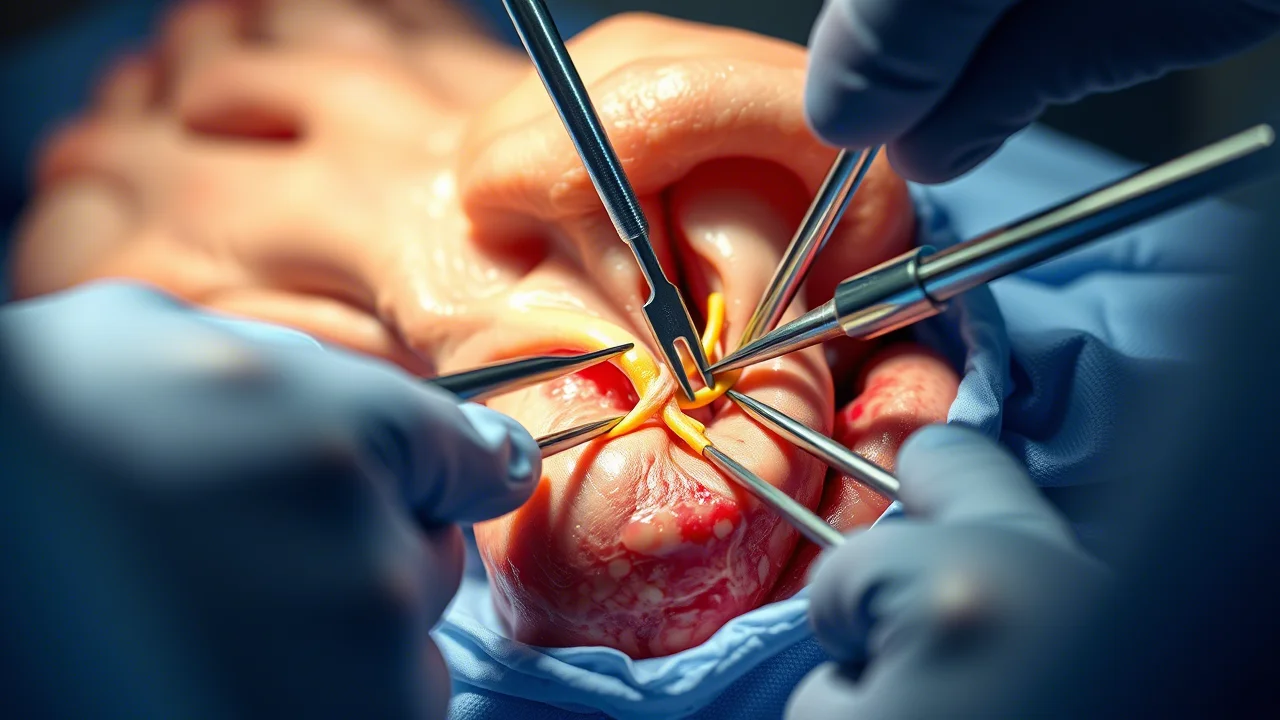 Lente principale, 50 mm, profondità di campo, rappresentazione fotorealistica di un passaggio chirurgico cruciale durante CWHTO: attento isolamento e protezione del comune nervo peroneale (CPN) vicino alla testa fibulare usando strumenti chirurgici. Concentrati sulla precisione, sulla sicurezza e sulle delicate strutture anatomiche. Illuminazione della sala operatoria.