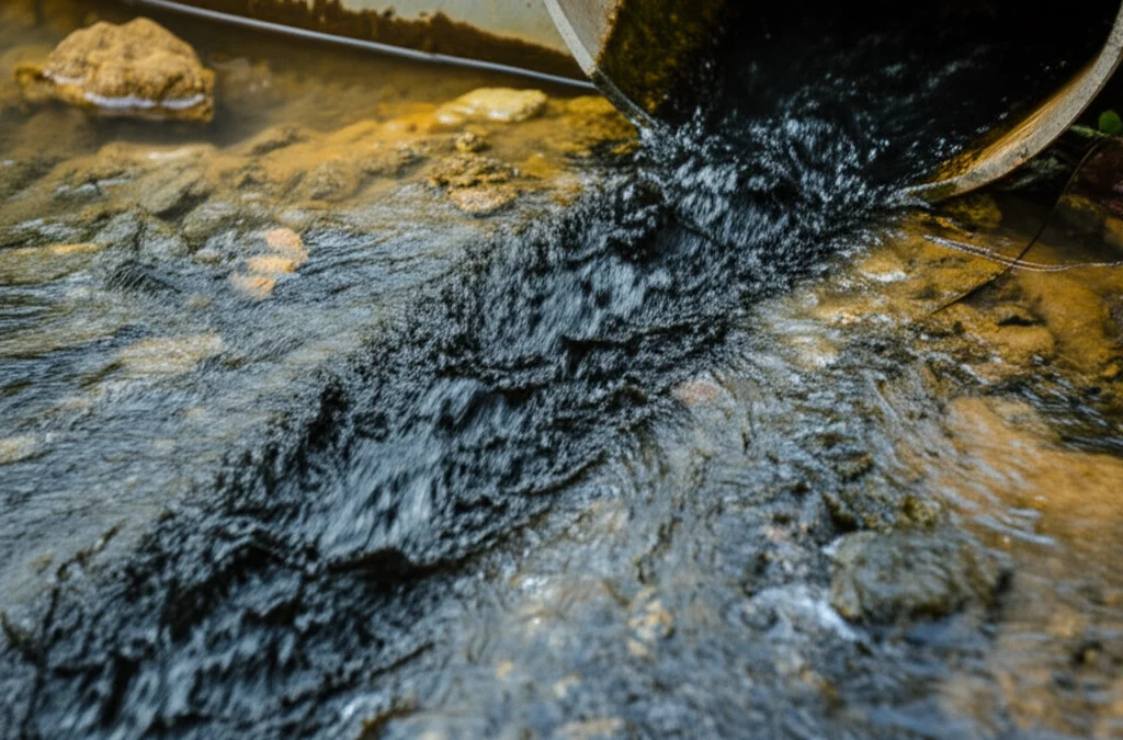 Lenti macro, 85 mm, dettagli elevati, messa a fuoco precisa, illuminazione controllata, mostrando acque reflue industriali scure e inquinate che fluiscono da un tubo in un fiume chiaro, creando un netto contrasto tra inquinamento e natura.