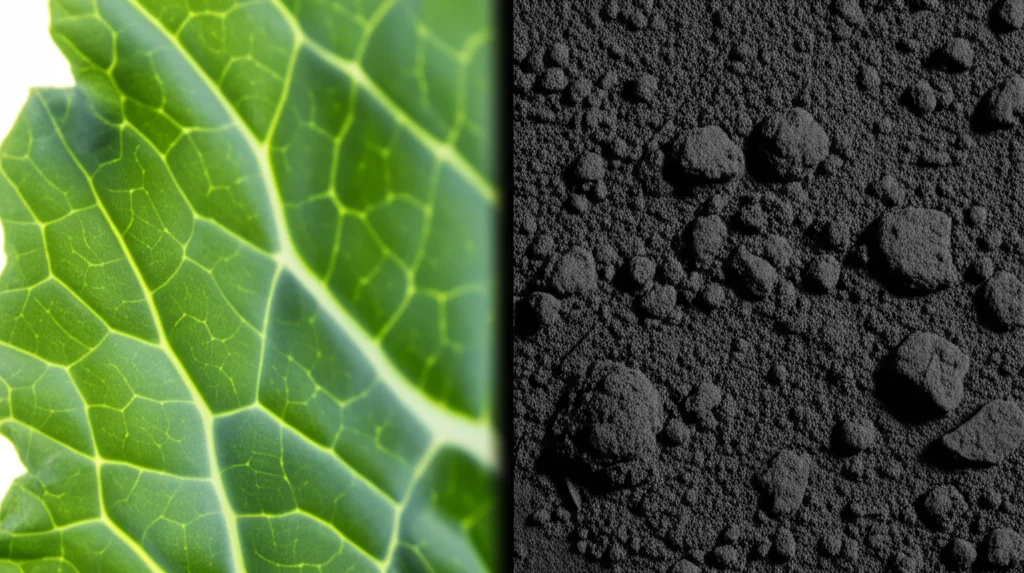 Lenti macro, 100 mm, dettagli elevati, illuminazione controllata, colpi ravvicinati che confrontano foglie di cavolo verde fresco su un lato e una polvere di carbonio attivo poroso nero e nero che deriva da loro dall'altra.