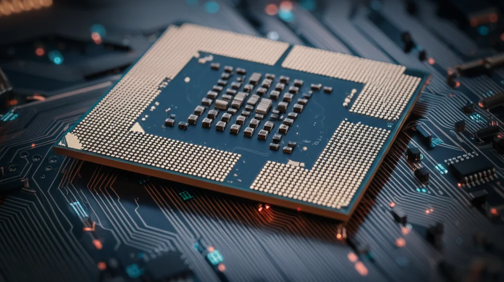 Primo piano di un microchip o processore dedicato al controllo intelligente, con connessioni luminose che simboleggiano l'elaborazione dati, lente macro 100mm, alta definizione, illuminazione drammatica.