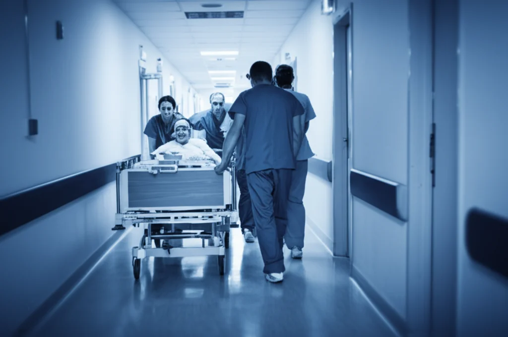 Fotografia realistica di un corridoio d'ospedale durante un'esercitazione di evacuazione, personale che spinge un letto, tensione nell'aria ma senza panico. Obiettivo prime 35mm, toni duotone blu e grigio, profondità di campo per mettere a fuoco il personale e il letto.