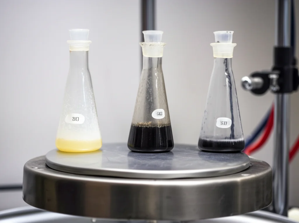 Still Life, lenti macro, 70 mm, alti dettagli, illuminazione controllata, cornice di laboratorio che mostrano tre boccette coniche su uno shaker orbitale. Fask 1: soluzione scura (cromo iniziale). Fask 2: soluzione più chiara con polvere di carbonio attivo nero che viene miscelato. Fask 3: soluzione quasi chiara dopo il trattamento.