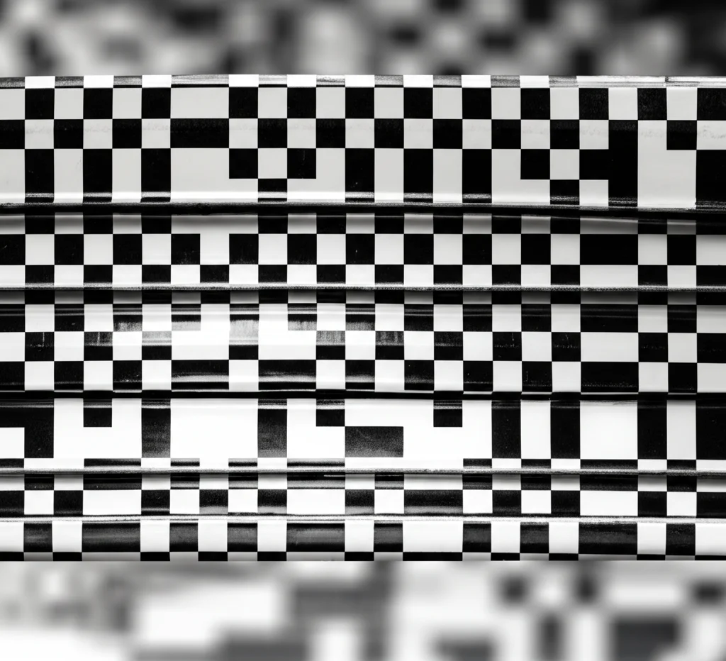 Visualizzazione astratta di un rettangolo mimetizzato in una texture a scacchiera bianco e nera. L'immagine dovrebbe evocare la difficoltà percettiva. Macro lens, 85mm, high detail, precise focusing, controlled lighting per enfatizzare la texture e il camuffamento.