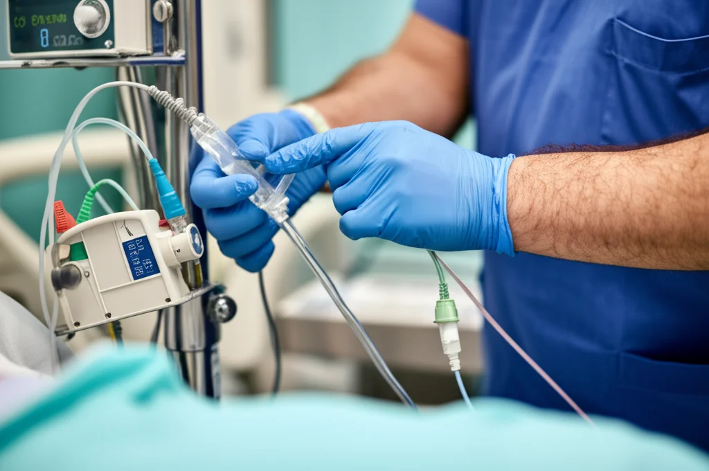 Macro fotografia 60mm di un membro del personale ospedaliero che scollega con cura un'apparecchiatura medica da un letto d'ospedale durante un'esercitazione. Illuminazione controllata, alta definizione sui dettagli delle mani e dell'attrezzatura.