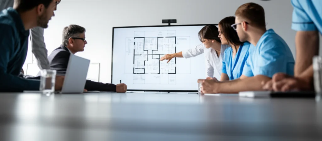 Fotografia grandangolare 10mm di una sala riunioni con ingegneri antincendio e personale ospedaliero che analizzano planimetrie e dati di evacuazione su uno schermo. Messa a fuoco nitida, atmosfera collaborativa e professionale.