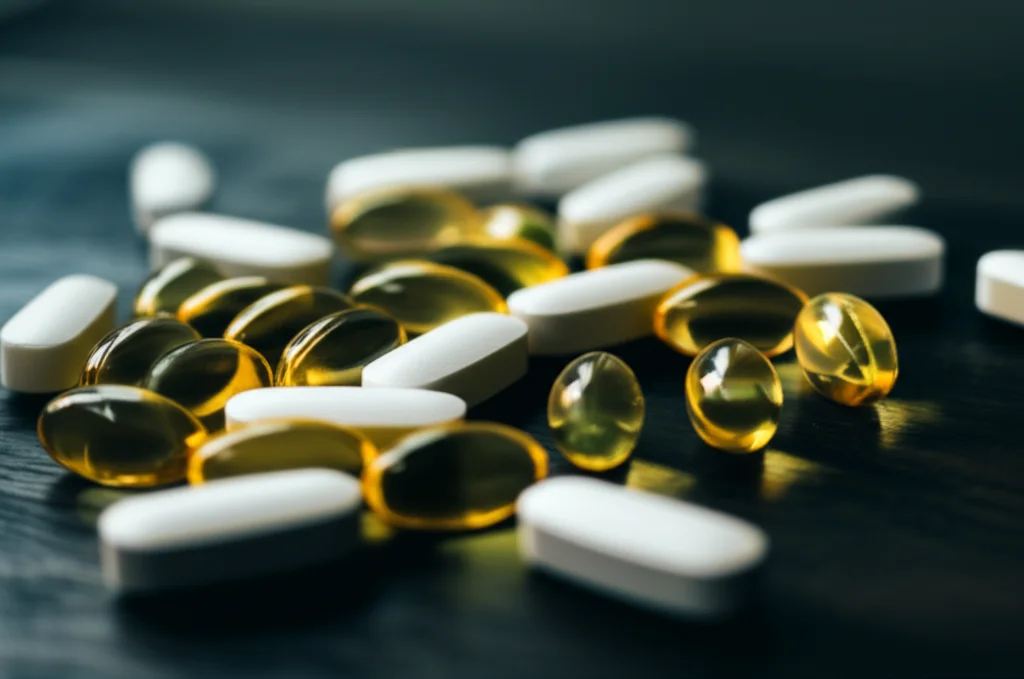 Primo piano macro di diverse pillole di corticosteroidi bianche e gialle sparse su un tavolo di legno scuro, illuminazione controllata laterale che crea ombre morbide, alta definizione, obiettivo macro 90mm, focus preciso su una pillola in primo piano.