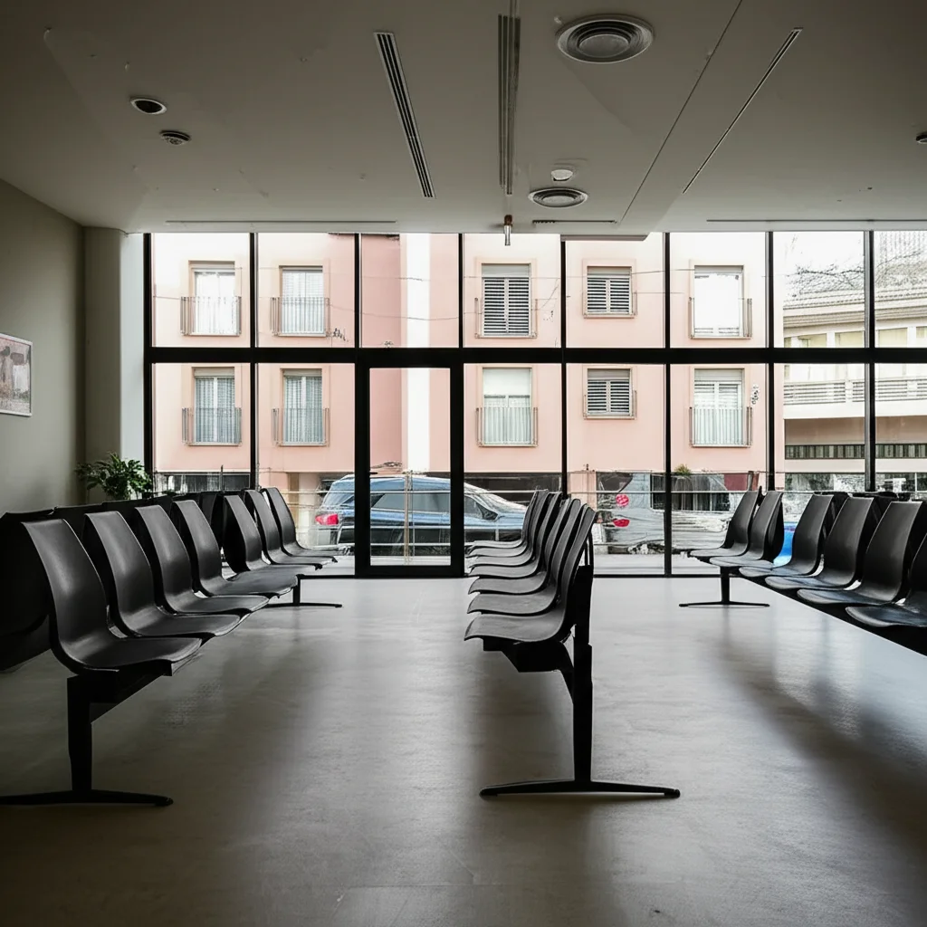 Fotografia grandangolare 24mm di una sala d'attesa di un ospedale moderna e luminosa, ma vuota, con sedie allineate. Luce naturale entra dalle finestre, creando un'atmosfera pulita ma impersonale. Messa a fuoco nitida su tutta la scena.