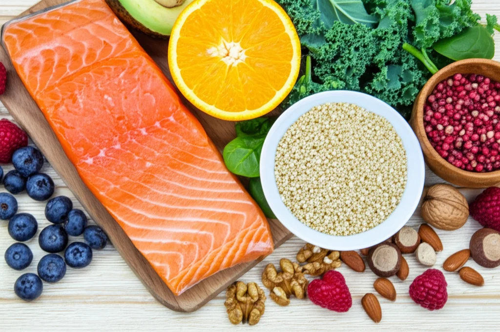 Una selezione colorata di cibi anti-infiammatori come frutta fresca (bacche, arance), verdure a foglia verde (spinaci, kale), noci, semi e pesce grasso (salmone), disposti artisticamente su un tavolo di legno chiaro. Macro lens, 85mm, high detail, precise focusing, controlled natural lighting laterale morbida.