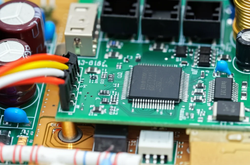 Primo piano di un convertitore DC-DC avanzato collegato a pannelli solari, illuminazione controllata per evidenziare i dettagli dei componenti elettronici, obiettivo macro 100mm, alta definizione.