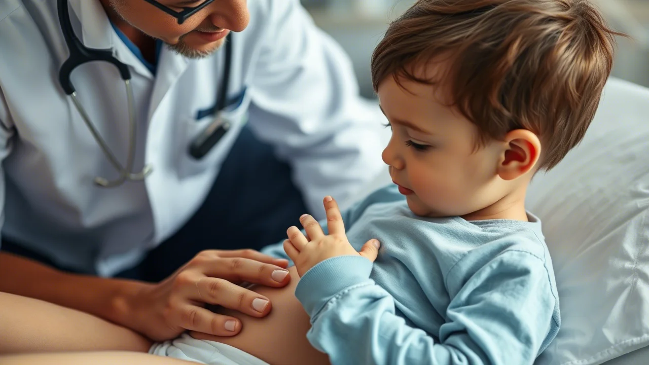 Primo piano di un medico pediatra che esamina delicatamente l'addome di un bambino piccolo (circa 2 anni) su un lettino medico, espressione concentrata ma rassicurante. Luce da studio controllata, obiettivo 85mm per dettaglio sul viso del medico e sulla piccola mano del bambino, profondità di campo ridotta.