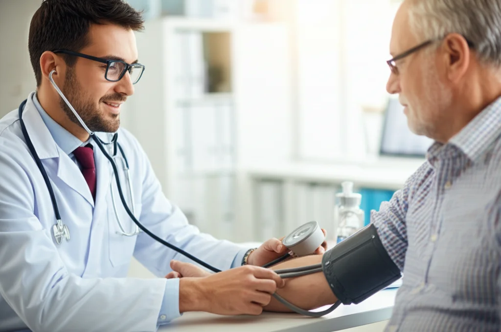 Un medico sorridente che misura la pressione sanguigna a un paziente anziano in uno studio medico luminoso e accogliente. Prime lens, 35mm, depth of field per sfocare leggermente lo sfondo, luce naturale morbida dalla finestra.