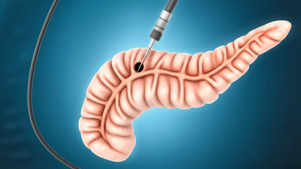 Fotografia macro di un pancreas umano stilizzato con un endoscopio flessibile che si avvicina delicatamente, illuminazione da studio controllata, alta definizione dei dettagli anatomici, obiettivo macro 90mm, per illustrare la procedura ERCP e l'organo a rischio di pancreatite.