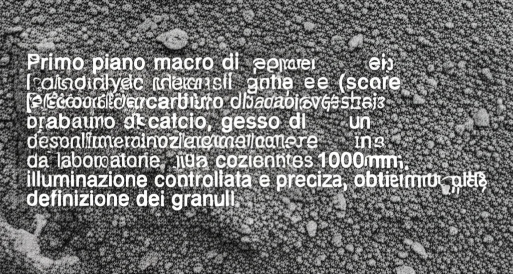 Primo piano macro di polveri industriali grigie e bianche (scorie d'acciaio, carburo di calcio, gesso di desolforazione) mescolate in un contenitore da laboratorio, illuminazione controllata e precisa, obiettivo macro 100mm, alta definizione dei granuli.