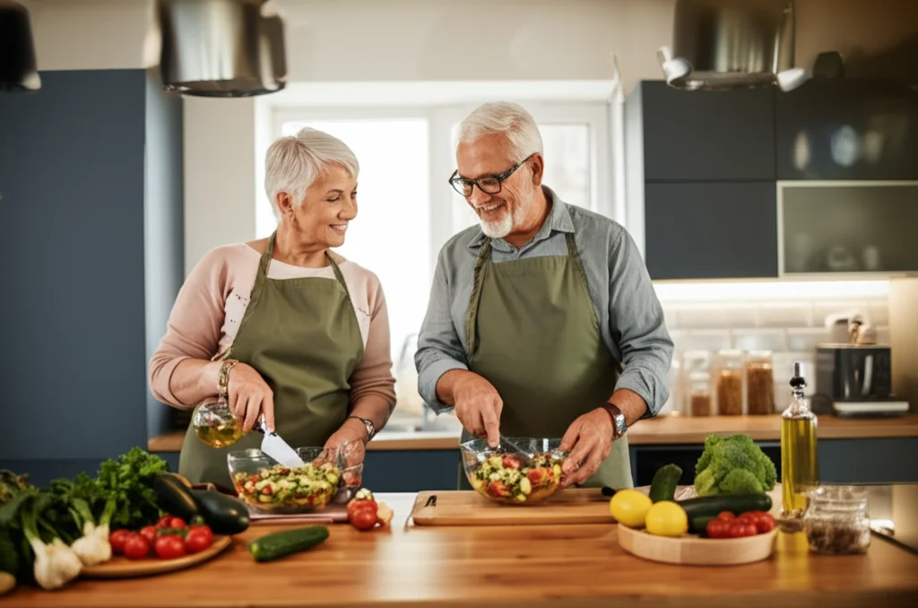 Una coppia di anziani attivi e sorridenti che prepara insieme un'insalata colorata in una cucina moderna e luminosa, usando verdure fresche, olio d'oliva e limone. Zoom lens, 50mm, depth of field per mantenere a fuoco la coppia e il cibo, luce calda e accogliente.