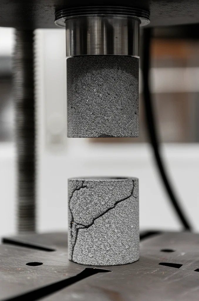 Fotografia di un campione cilindrico di materiale cementizio grigio scuro (composito di scorie industriali carbonatate) sotto una pressa meccanica in un laboratorio, momento della rottura per compressione, scatto veloce per catturare l'azione, obiettivo zoom 35mm, profondità di campo.