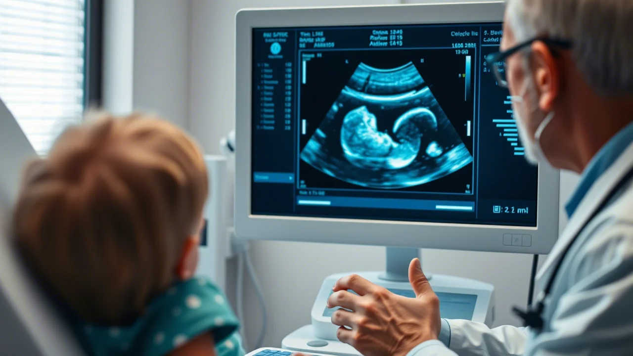 Radiologo che esegue un'ecografia addominale su un bambino piccolo (visibile solo parzialmente), concentrato sullo schermo dell'ecografo che mostra un'immagine chiara dell'appendice infiammata. Ambiente ospedaliero, luce soffusa, obiettivo 35mm per catturare la scena, focus sullo schermo e sulle mani dell'operatore.