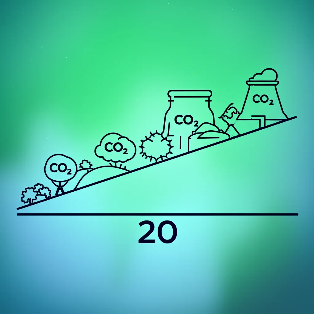 Grafico stilizzato che mostra una barra scendere sotto lo zero, rappresentando un'impronta di carbonio negativa, con icone di CO2 catturate e simboli di materiali riciclati (scorie, gesso), sfondo astratto verde e blu.