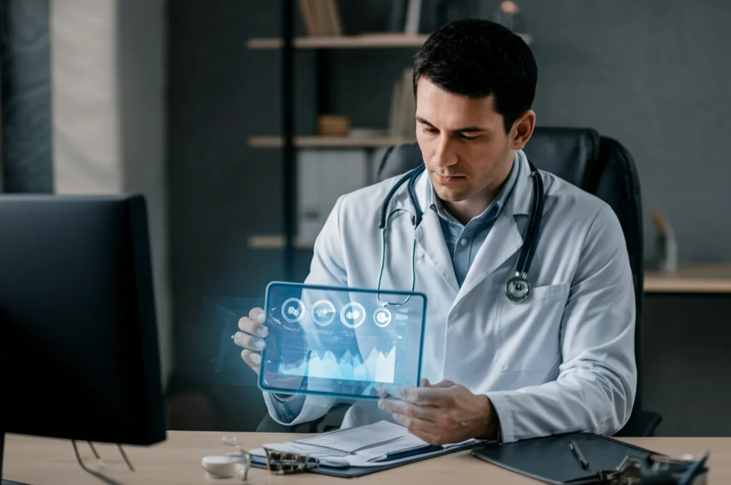 Ritratto di un medico gastroenterologo in camice bianco, con espressione concentrata, che esamina una cartella clinica digitale su un tablet mostrando grafici stilizzati di rischio PEP, obiettivo 35mm, profondità di campo che sfoca lo sfondo dello studio medico, toni caldi e professionali, per simboleggiare la valutazione personalizzata del rischio paziente.