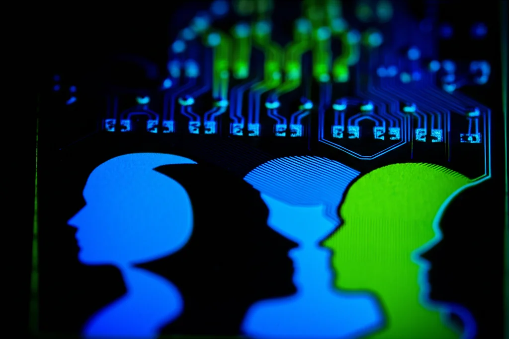 Immagine macro di un chip di silicio con circuiti luminosi blu e verdi che si trasformano in profili stilizzati di persone, obiettivo macro 100mm, illuminazione controllata, alto dettaglio, sfondo nero.