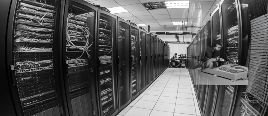 Fotografia grandangolare di un moderno data center con file di server luminosi e cavi intricati, sovrapposta a un'immagine d'archivio in bianco e nero di analisti al lavoro con calcolatrici negli anni '60, obiettivo grandangolare 20mm, messa a fuoco nitida, esposizione lunga.