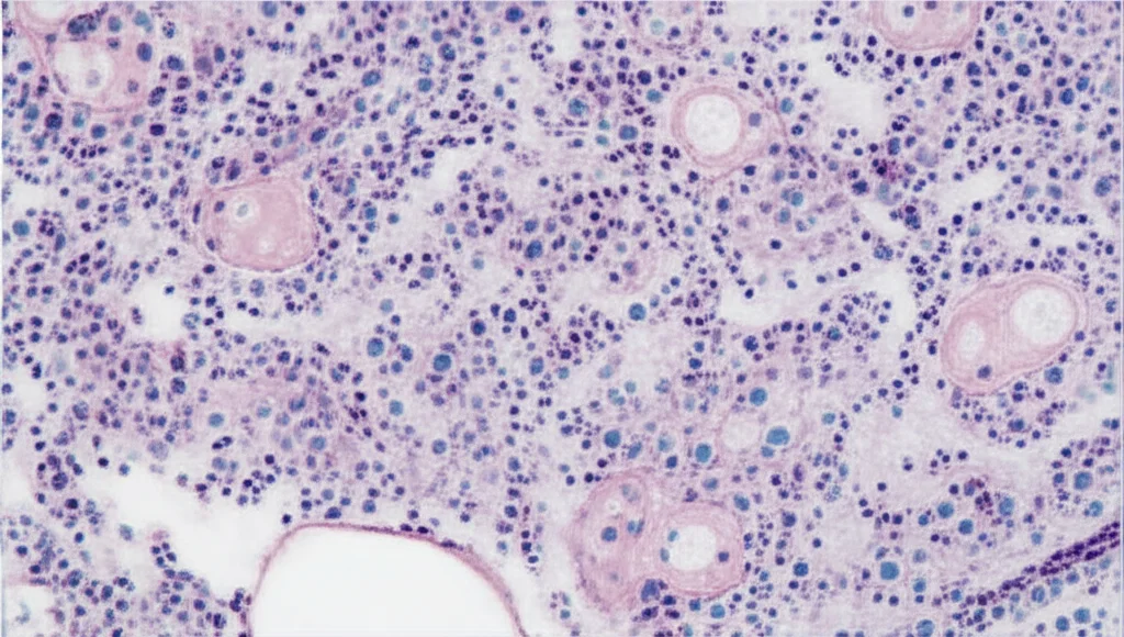 Fotografia macro di un fegato di pesce zebra con evidenti vacuoli lipidici e infiltrazione di cellule infiammatorie, illuminazione controllata, alta definizione, lente macro 100mm, a rappresentare il danno epatico nel modello T2DM.