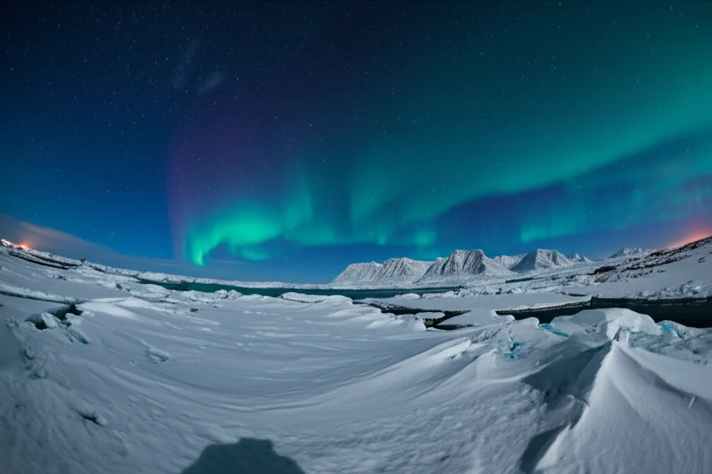 Paesaggio artico grandangolare delle Svalbard durante l'inverno, con vasta copertura di ghiaccio marino sotto un cielo con aurora boreale debole. Wide-angle lens 15mm, long exposure time per catturare l'aurora e rendere l'acqua (se visibile tra i ghiacci) liscia, sharp focus sull'orizzonte ghiacciato, luce notturna artica.