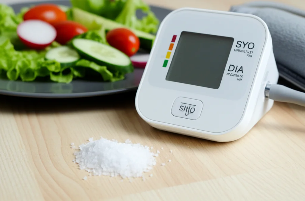 Fotografia still life di un piatto salutare con verdure fresche e poco sale, accanto a un misuratore di pressione sanguigna, obiettivo macro 85mm, illuminazione naturale brillante, alta definizione.