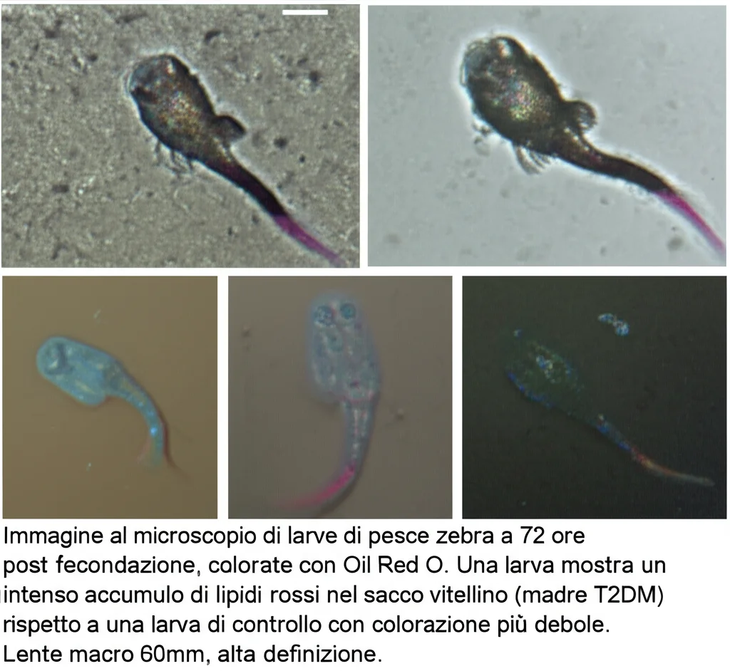 Immagine al microscopio di larve di pesce zebra a 72 ore post fecondazione, colorate con Oil Red O. Una larva mostra un intenso accumulo di lipidi rossi nel sacco vitellino (madre T2DM) rispetto a una larva di controllo con colorazione più debole. Lente macro 60mm, alta definizione.