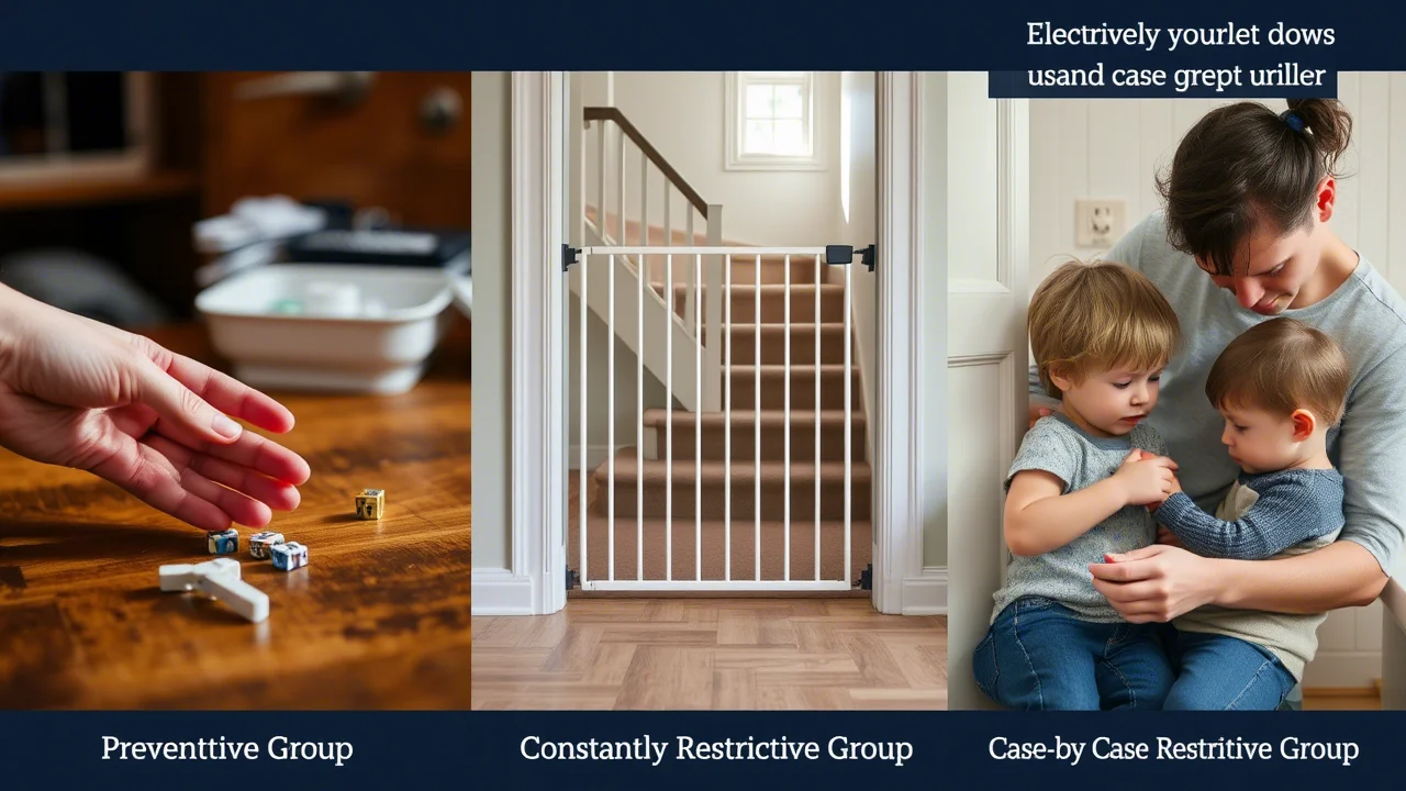 Fotografia con obiettivo prime, 35mm, che mostra tre diverse scene domestiche affiancate: a sinistra, una mano adulta rimuove piccoli oggetti da un tavolino basso (Gruppo Preventivo); al centro, un cancelletto di sicurezza blocca l'accesso a una scala (Gruppo Costantemente Restrittivo); a destra, un genitore supervisiona da vicino un bambino che gioca vicino a una presa elettrica con copri-presa installato (Gruppo Restrittivo Caso per Caso). Profondità di campo media per mantenere i dettagli in ogni scena.