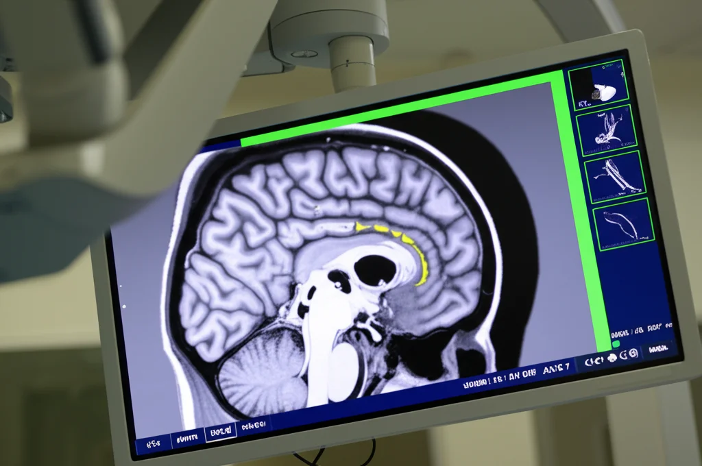 Immagine fotorealistica di uno schermo di neuronavigazione in sala operatoria che mostra una simulazione 3D del cervello con evidenziate le vene a ponte e una lesione parafalcina. Obiettivo prime, 35mm, profondità di campo, illuminazione controllata, alta definizione dei dettagli anatomici.