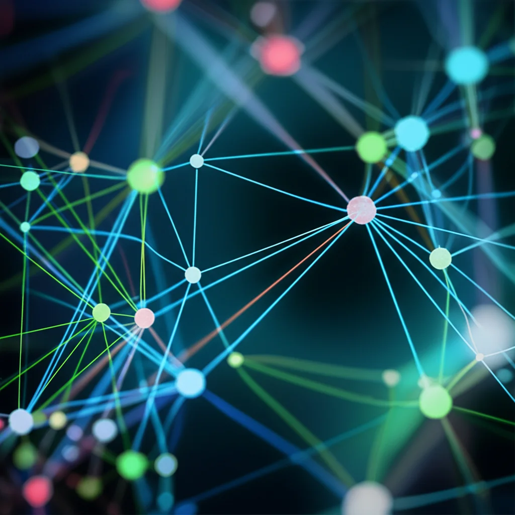Visualizzazione astratta di reti geniche e percorsi metabolici, stile infografica scientifica ma fotorealistica, con nodi luminosi rossi (upregolati) e verdi (downregolati) e connessioni, colori blu e verde duotone, profondità di campo, 35mm, a simboleggiare l'analisi trascrittomica nelle larve F1.