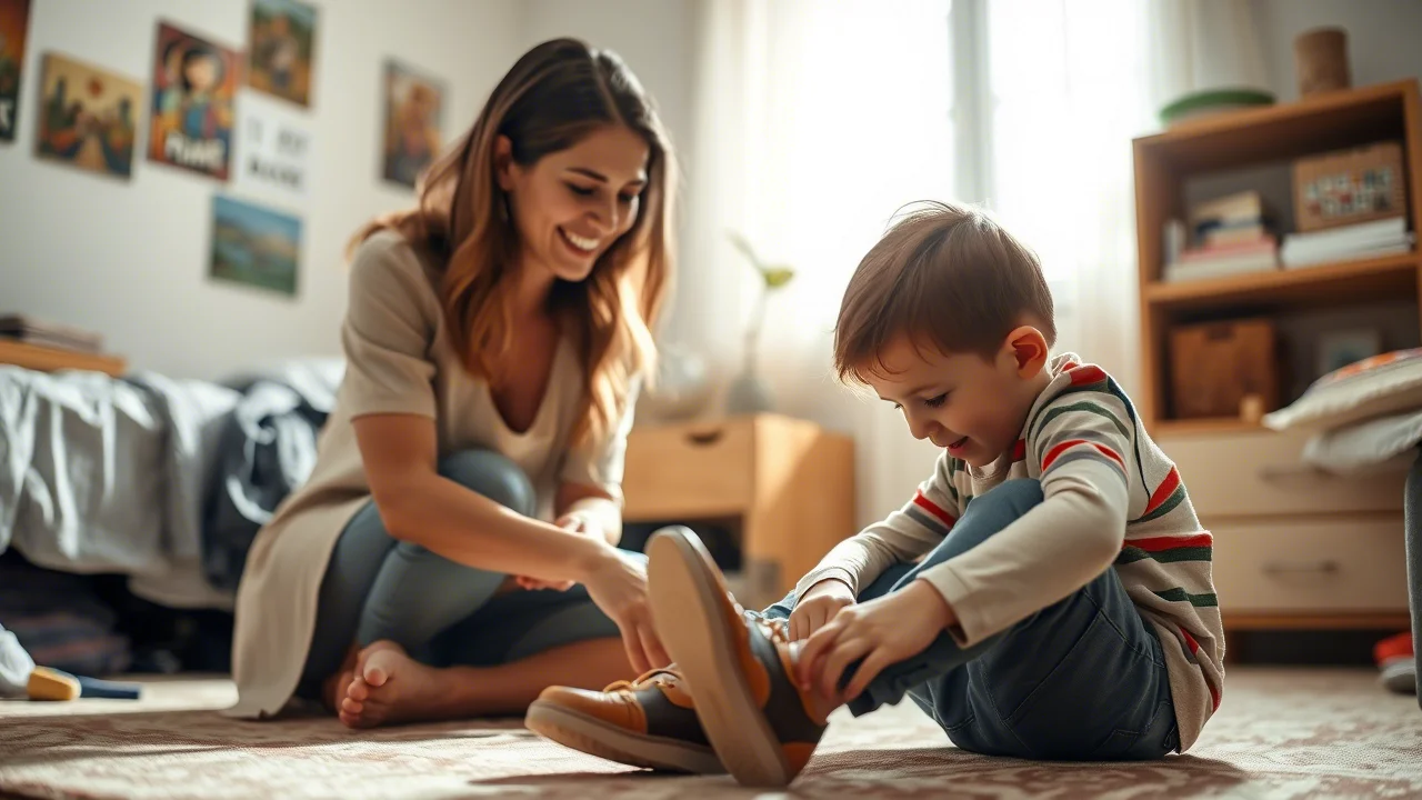 Fotografia stile ritratto, obiettivo 50mm, luce naturale morbida. Una mamma sorridente osserva con attenzione suo figlio di circa 5 anni mentre cerca di allacciarsi le scarpe da solo. L'ambiente è una normale stanza di casa, ordinata ma vissuta. L'immagine trasmette un senso di incoraggiamento all'indipendenza e supervisione discreta. Profondità di campo ridotta per focalizzare sull'interazione madre-figlio.