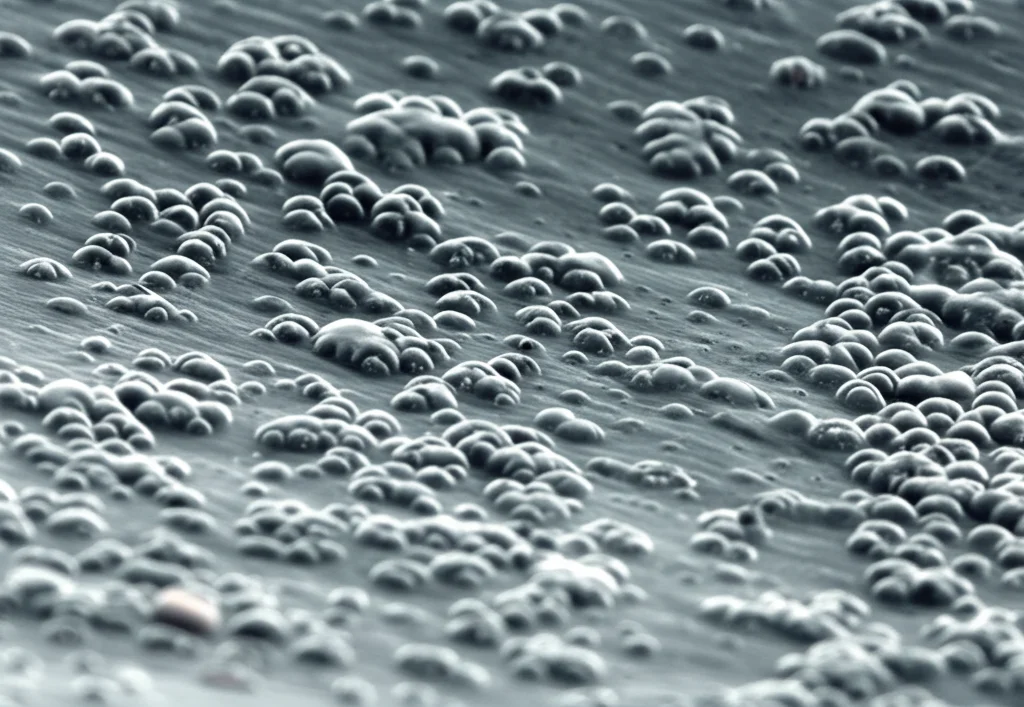 Microscopia elettronica a scansione ad alta risoluzione dell'endotelio corneale umano affetto da Distrofia di Fuchs, obiettivo macro 100mm, illuminazione controllata, alta definizione, che mostra chiaramente le caratteristiche guttae come escrescenze tridimensionali sulla superficie interna della cornea.