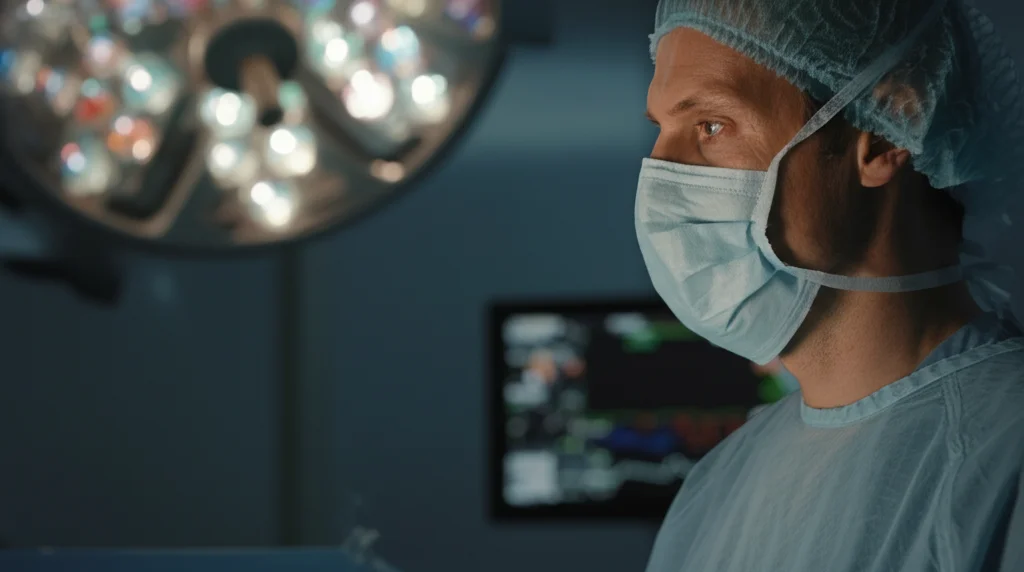 Ritratto di un neurochirurgo concentrato che osserva un monitor ad alta definizione durante un intervento, luce ambientale soffusa nella sala operatoria, obiettivo prime 50mm, profondità di campo che sfoca lo sfondo, espressione di intensa concentrazione.