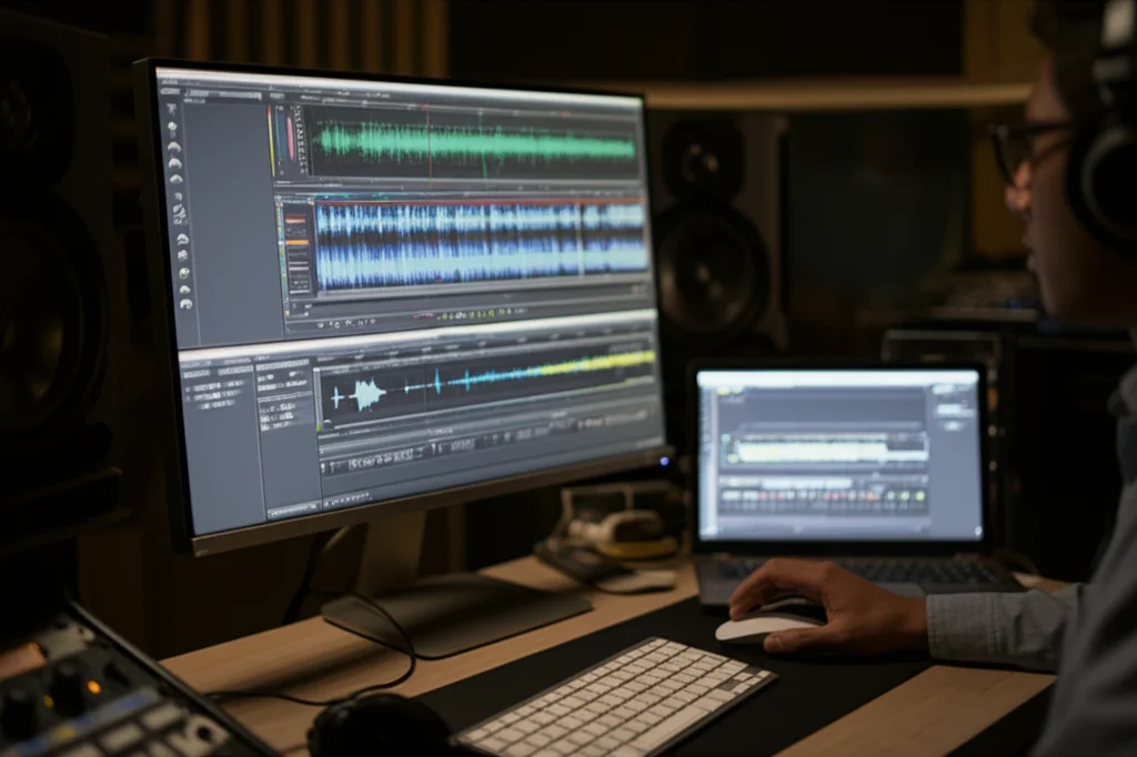 Primo piano di un ingegnere del suono che analizza uno spettrogramma audio complesso su un monitor ad alta risoluzione in uno studio di registrazione high-tech, obiettivo prime 35mm, profondità di campo ridotta per mettere a fuoco i dettagli dello spettrogramma, illuminazione controllata e professionale che evidenzia la strumentazione.