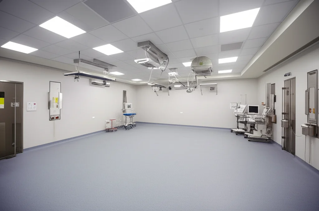 Fotografia grandangolare di una sala parto moderna e luminosa ma vuota, che simboleggia la ricerca e le domande aperte sulla nascita durante la pandemia, obiettivo grandangolare 15mm, messa a fuoco nitida su tutta la scena.