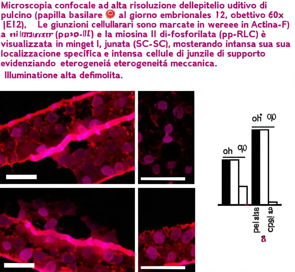 Microscopia confocale ad alta risoluzione dell'epitelio uditivo di pulcino (papilla basilare) al giorno embrionale 12 (E12), obiettivo 60x ad immersione in olio. Le giunzioni cellulari sono marcate in verde (Actina-F) e la miosina II di-fosforilata (pp-RLC) è visualizzata in magenta, mostrando la sua localizzazione specifica e intensa sulle giunzioni tra cellule di supporto (SC-SC), evidenziando l'eterogeneità meccanica. Illuminazione controllata, alta definizione.